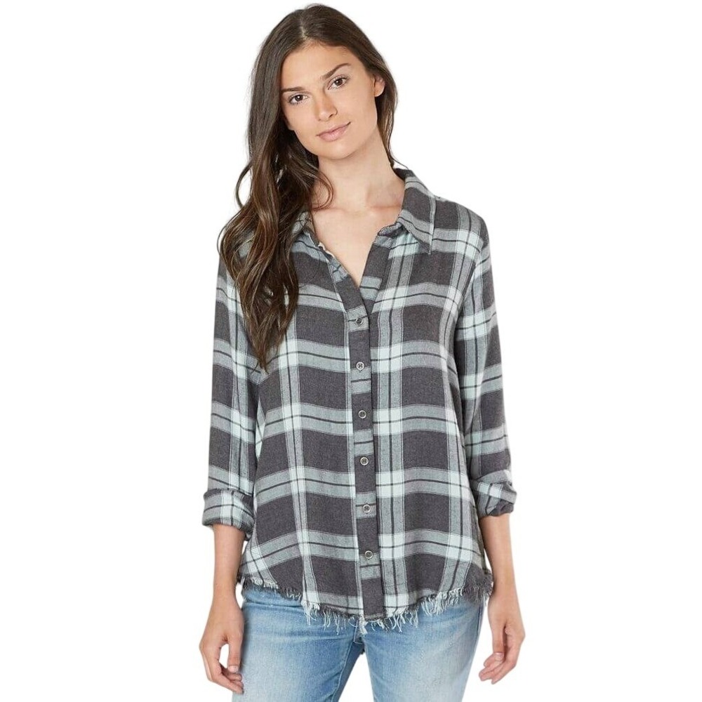 BKE‎ Plaid Flannel Button Down Shirt Grey Mint Green Raw Hem Fringe Small
